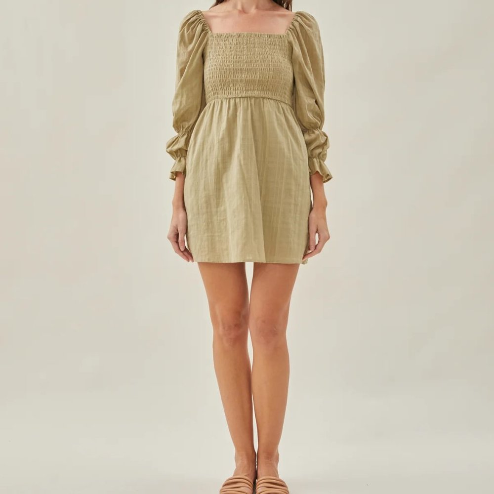 Textured Cotton Shirred Mini Dress Puffed Sleeve Square Neck Muted Moss S
